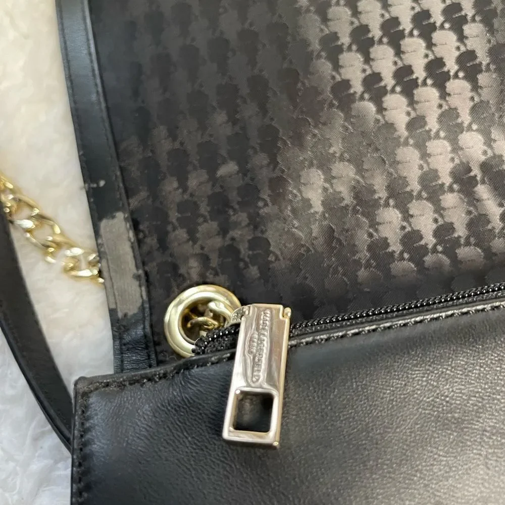 Karl Lagerfeld Purse Womens Black Quilted Shoulder Bag Gold tone Chain Strap
